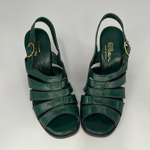 Vintage 70s Rodan Stacked Wedge Sandals in Green Leather Size 5 1/2 - Picture 4 of 13